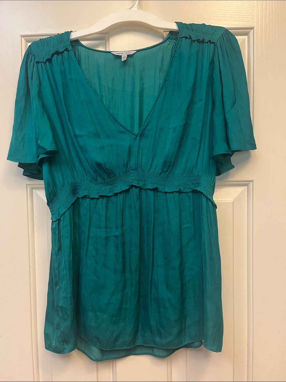 Naked Zebra Teal V-Neck Smocked-Waist Flutter Sleeve Blouse M